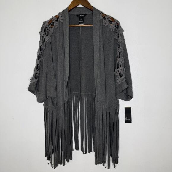 Ali Miles Cardigan Womens Medium Charcoal Gray Fringe Kimono Open Front Boho NWT - Picture 1 of 6
